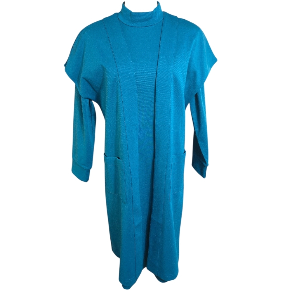 Brownstone Stidio Petires Vintage Teal Blue 2 Piece Dress With Vest